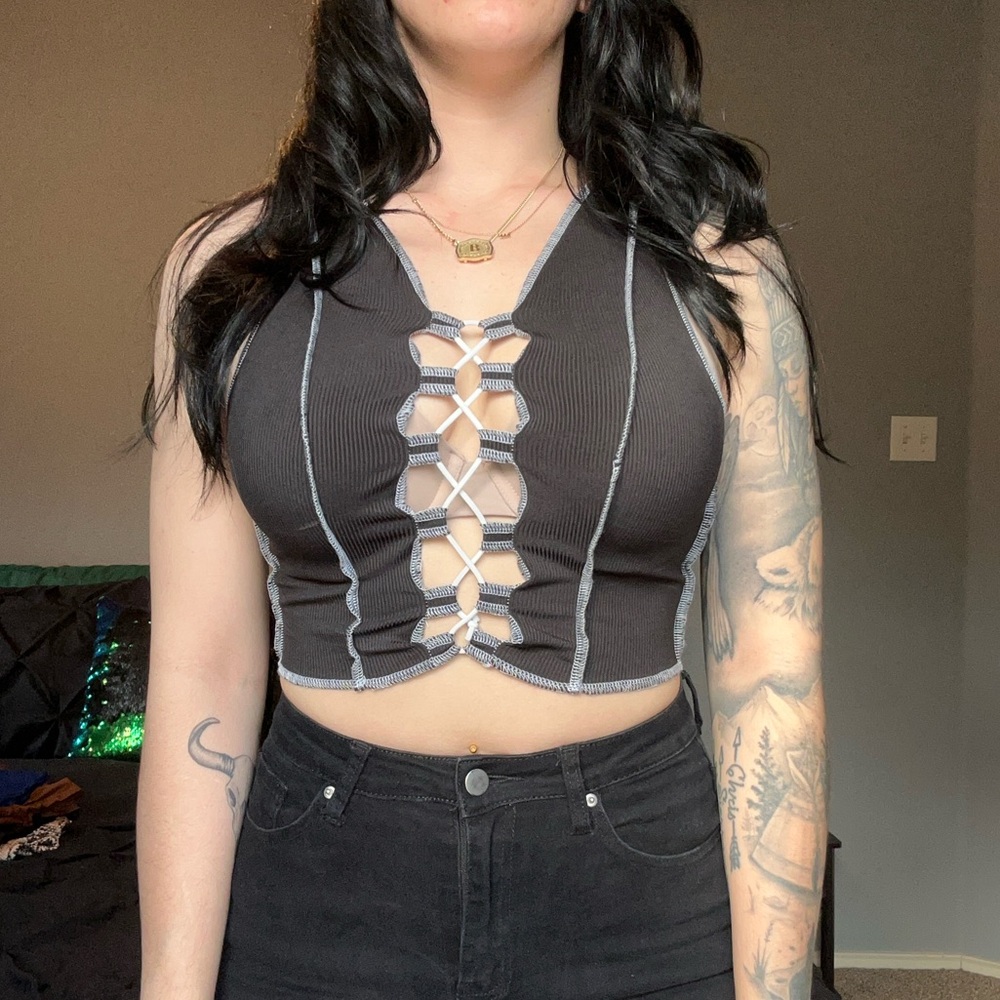 SHEIN Black Lace-Up Tank Top with White Trim